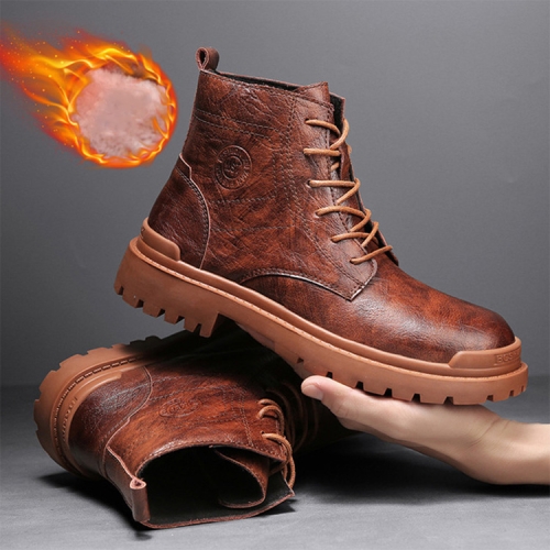 

AS9268 Autumn And Winter High-Top Man Martin Boots Leather Warm Men Shoes, Size: 38(Brown-Cotton Lining)