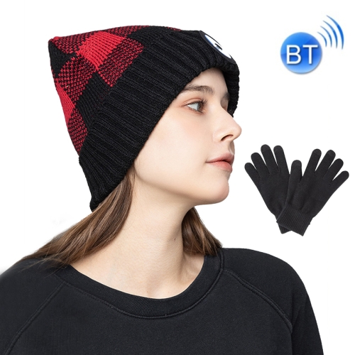 

M3-BL Bluetooth Music Headset Cap Double Ear Stereo LED Lighting Warning Knit Hat(Black Red with Glove)