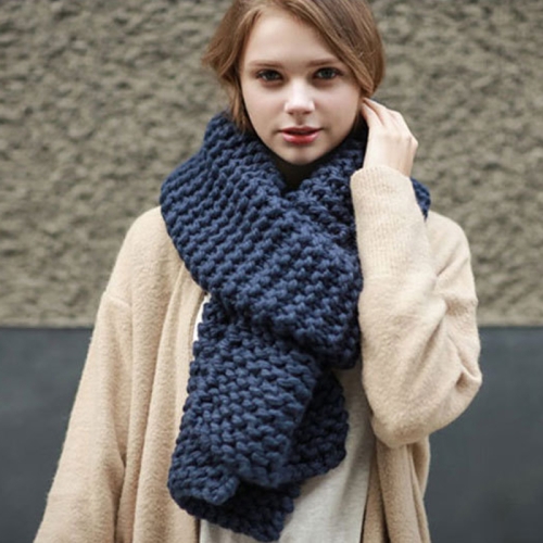Coarse Wool Knitted Warm Scarf Women Winter Thick Solid Color Scarf, Length: 190cm(Tibetan Blue)