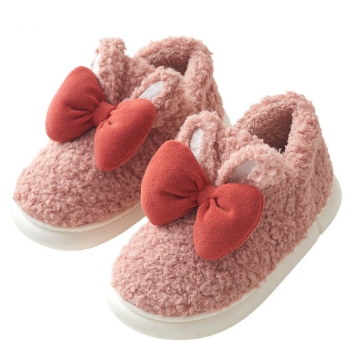 冬季室內保暖厚底兔耳蝴蝶結可愛棉拖鞋，尺碼：36-37（藕粉色）