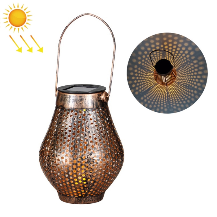 

Outdoor Courtyard Wrought Iron LED Solar Portable Hollow Lantern(Copper)