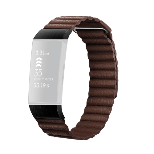 

18mm Magnetic Leather Watch Band For Fitbit Charge 4 / 3, Size： L (Coffee Brown)