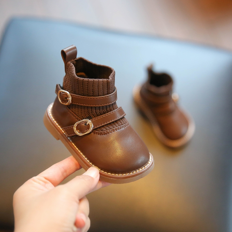 

Baby Soft Sole Leather Shoes Children Knitted Stitching Short Boots, Size: 18(Brown)