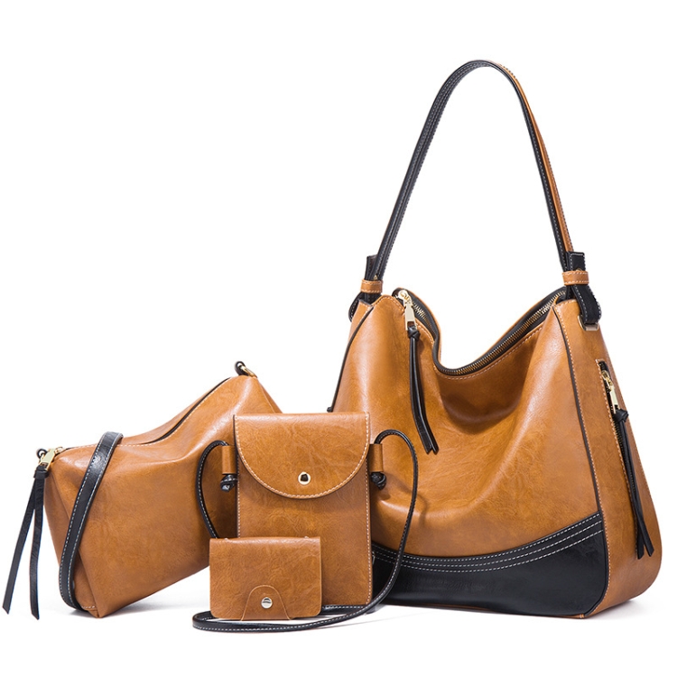 

21506 4 in 1 Simple Color-Block Diagonal Handbags Fashion Large Capacity Soft Leather Bags(Brown)