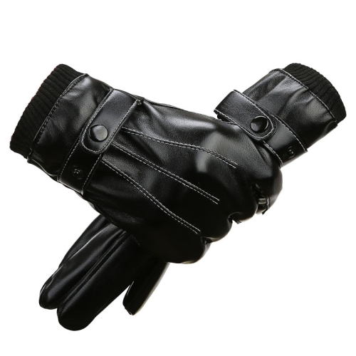 Winter Men PU Leather Touch Screen Plush Lining Warm Cycling Gloves, Size: Free Size(Black)