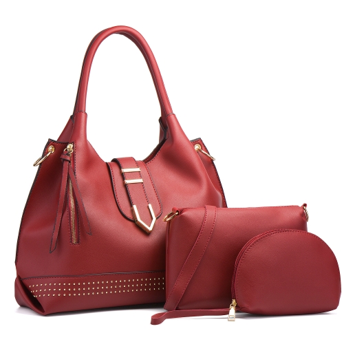 

002 3 in 1 Ladies Rivet Diagonal Handbags PU Large-Capacity Bags(Wine Red)