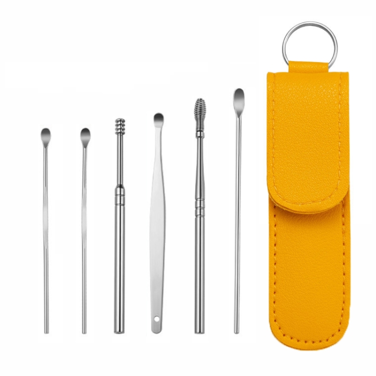 

5 Sets 6 In 1 Stainless Steel Spring Spiral Portable Ear Pick, Specification: Yellow Leather Case