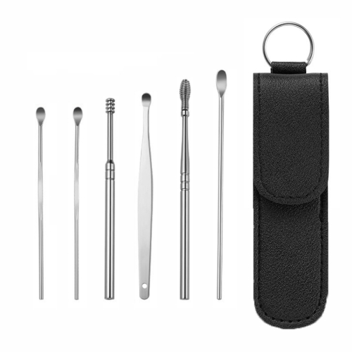 5 Sets 6 in 1 Roestvrijstalen Lente Spiraal Draagbare Oor Pick, Specificatie: Zwart Lederen Case