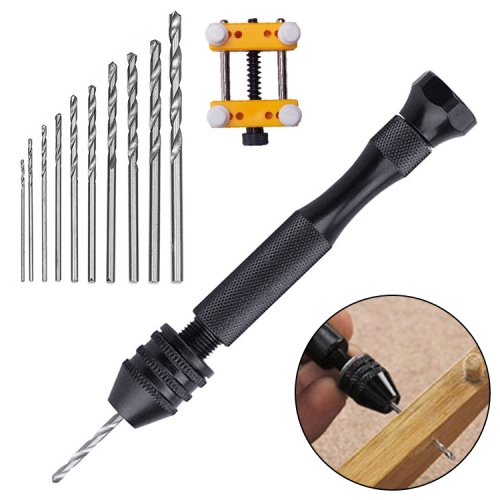 

Black Hand Twist Drill + Holder + 10 Drills Aluminum Slloy Hand Drill Punch