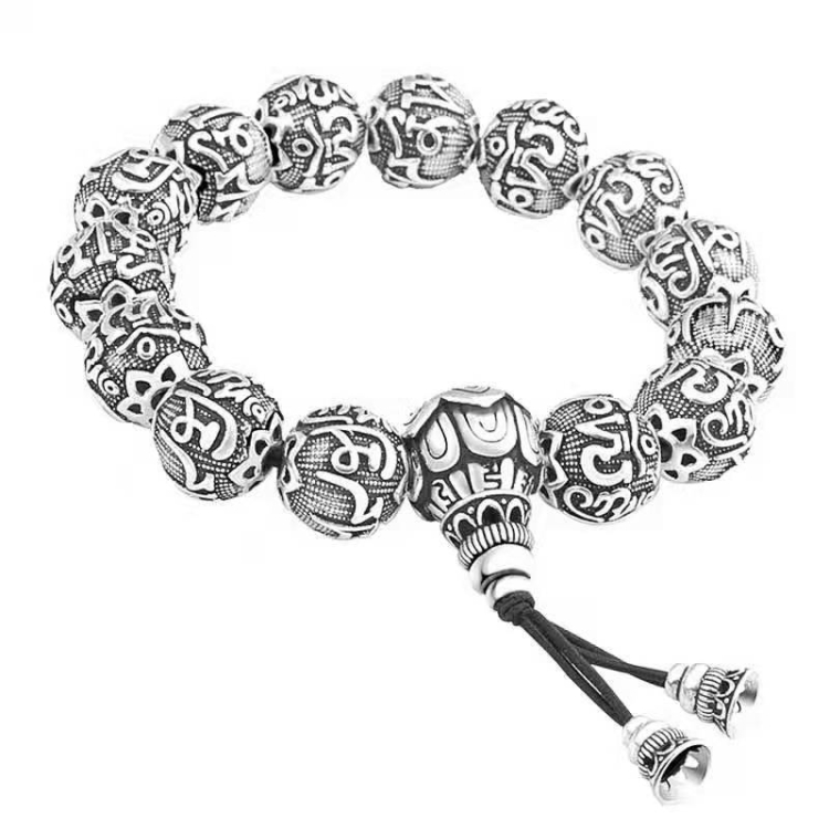 

12mm Six Character Mantra Heart Sutra Thai Silver Bead Couple Bracelet