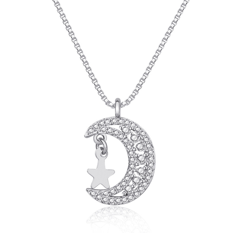 

A206 Women Moon Star Micro Inlay Pendant Clavicle Necklace(White Gold With Chain)