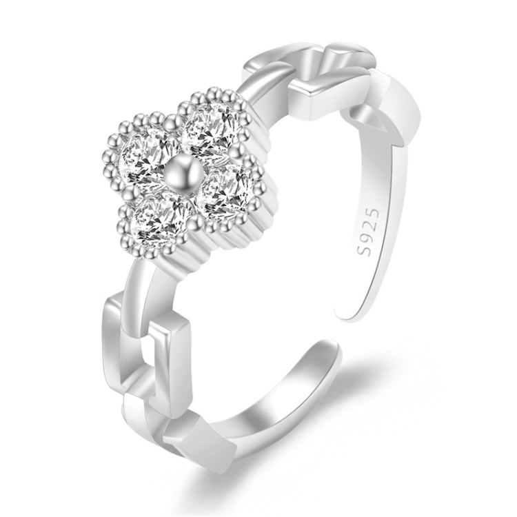 

2 PCS J328 Four-Leaf Clover Zircon Inlaid Open Adjustable Ring(Platinum)