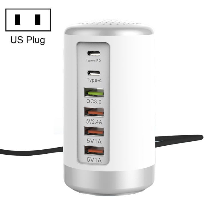

4 X USB + 2 X Type-C 65W Cylinder Multifunction Charger, US Plug(White)