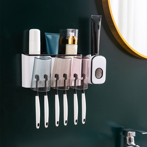 

Bathroom Wall-mounted Punch-free Wash Cup Toothbrush Rack Squeeze Toothpaste Set Three Black(With Squeezer)