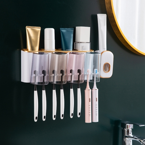 

Bathroom Wall-mounted Punch-free Wash Cup Toothbrush Rack Squeeze Toothpaste Set Four Golden(With Squeezer)
