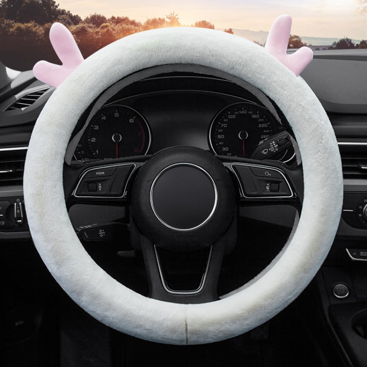 

Antler Thick Plush Steering Wheel Cover, Style: O Type (White)
