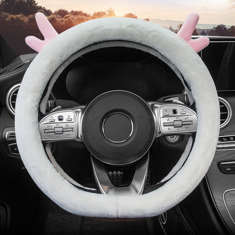

Antler Thick Plush Steering Wheel Cover, Style: D Type (White)
