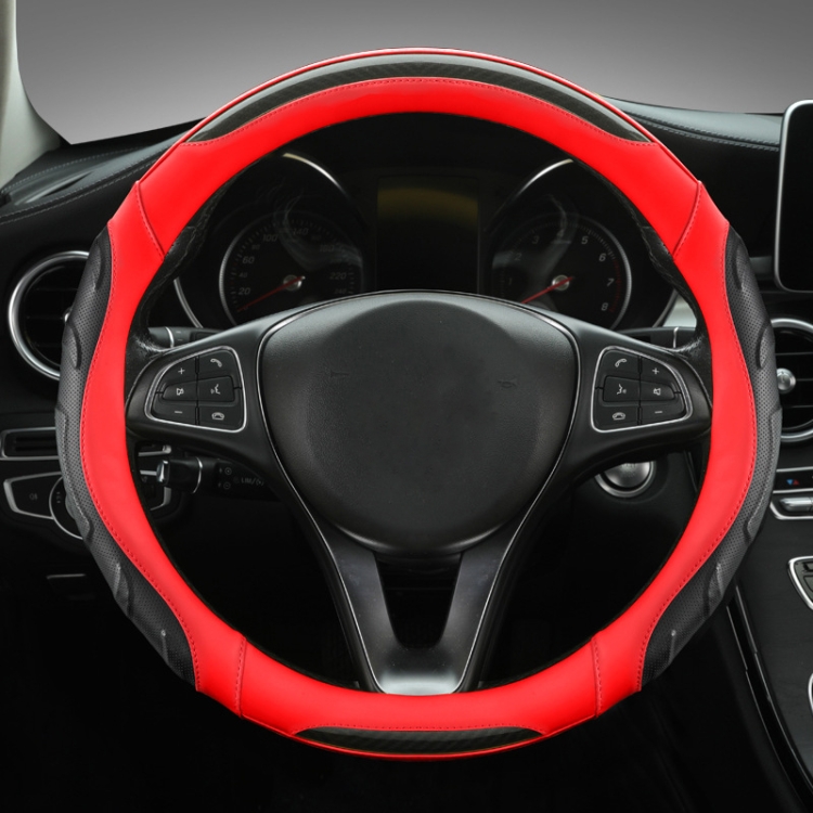 

Leather Carbon Fiber Stitching Car Steering Wheel Set, Diameter: 38cm(Black Red Round)