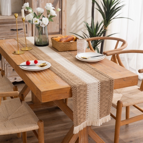 

2 PCS Cotton and Linen Woven Colorblock Tassel Striped Rhombus Table Runner, Size: 30x180cm(Middle Cotton)