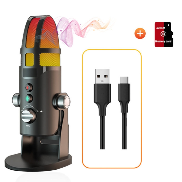 

M9 RGB Condenser Microphone Built-in Sound Card,Style: Computer+32G Recording Card