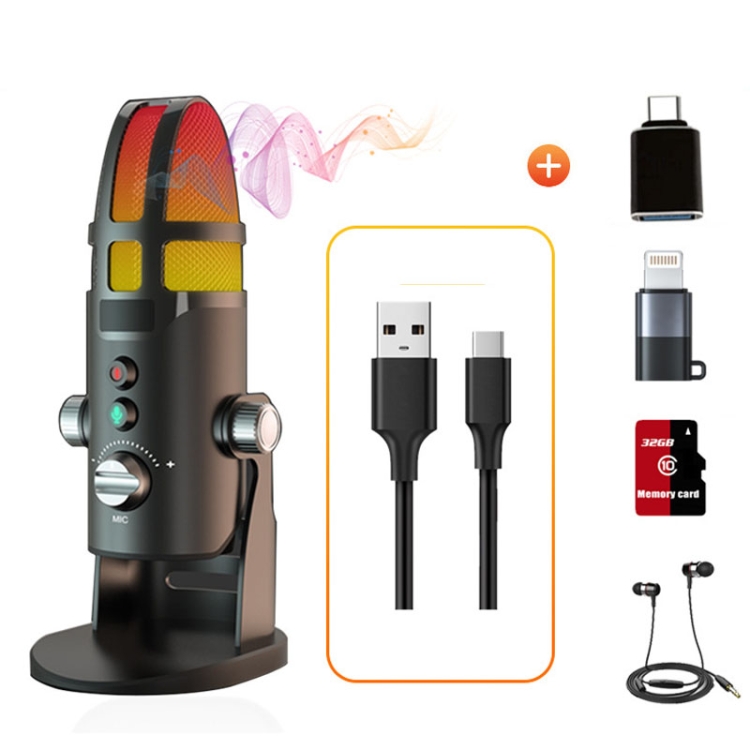 

M9 RGB Condenser Microphone Built-in Sound Card,Style: Computer+Type-C+8pin+32G+3m Headphone