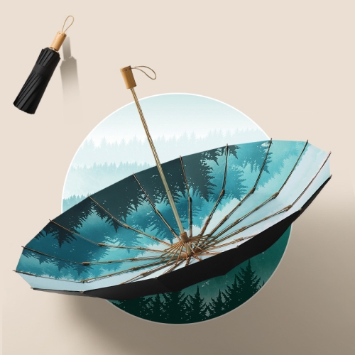 

3-fold 16-bone Hand Open Umbrella Retro Wood Handle Black Glue Sunshade Umbrella(Spring Tree)