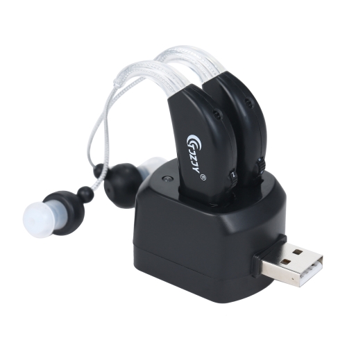 Audífonos recargables para personas mayores Amplificador de sonido personal con base de carga, enchufe de la UE (Negro)