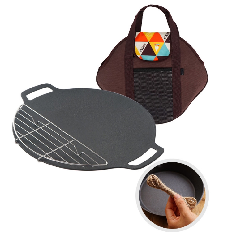 

Outdoor Camping BBQ Cast Iron Grill Pan,Style: Baking Pan+Net+Hemp Rope+Storage Bag