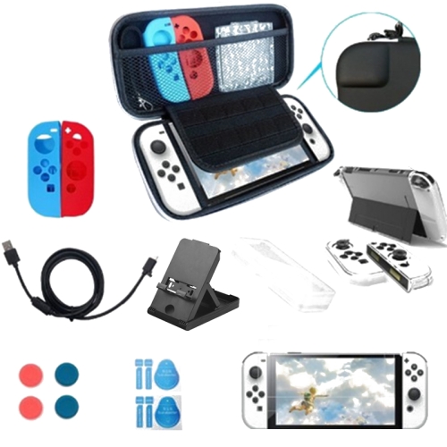 

Game Console Crystal Shell Remote Sensing Cap Tempered Film Storage Bag Set For Switch OLED Console White Storage Bag 16 In 1