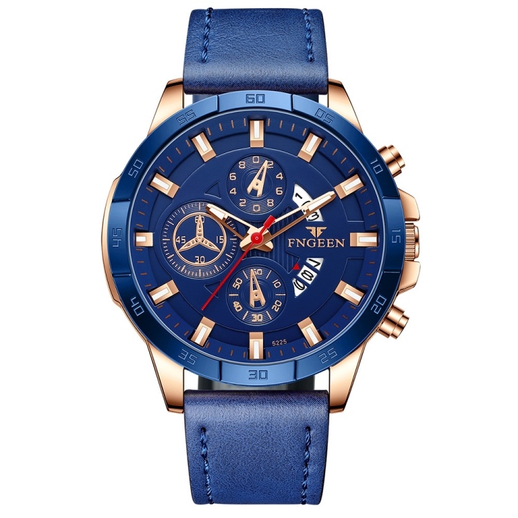 

FNGEEN 5225 Multifunctional Waterproof Quartz Watch, Color: Blue Leather Rose Shell Blue Surface