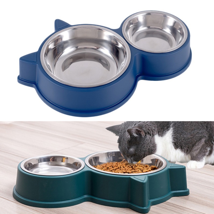 

Pet Cat Ears Stainless Steel Double Bowl(Blue)