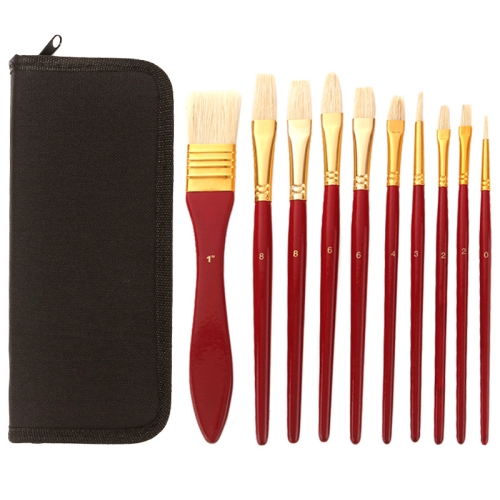 

Zhu Ting 10PCS/Set Wooden Handle Bristle Oil Painting Gouache Set(Red Pole Black Bag)