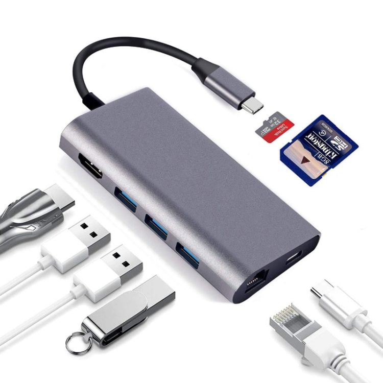 

8 in 1 Type-c to HDMI+RJ45 Network Port+3USB3.0+PD Docking Station(Gray)