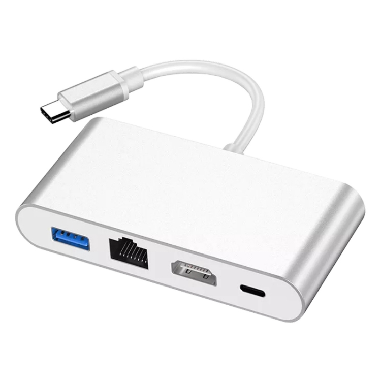 

4 In 1 Type-C To HDMI + PD + USB + RJ45 Docking Station(Silver)