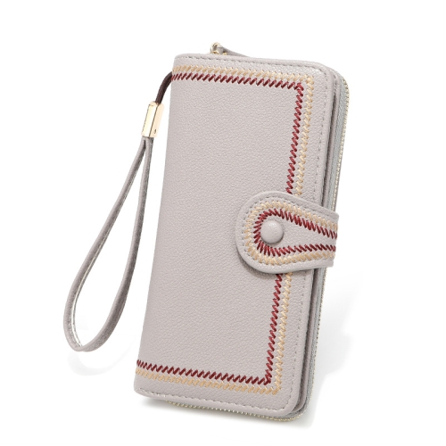 

Ladies Long Type Zipper Wallet Embroidered Large Capacity Clutch(Grey)