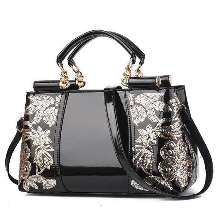 

Ladies Single Sided Embroidered Shiny Leather Handbag(Black)