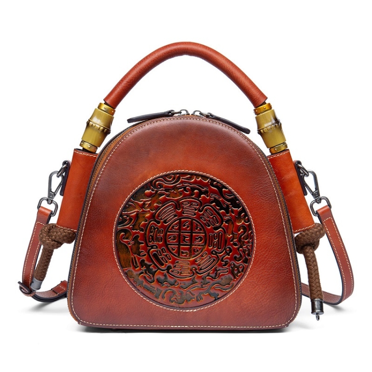 

Top Layer Leather Vegetable Tanned Women Embossed Totem Vintage Handag(Retro Brown)