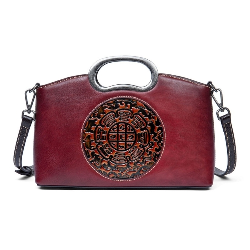 

First Layer Cowhide Vintage Totem Vegetable Tanned Handbag(Retro Red)