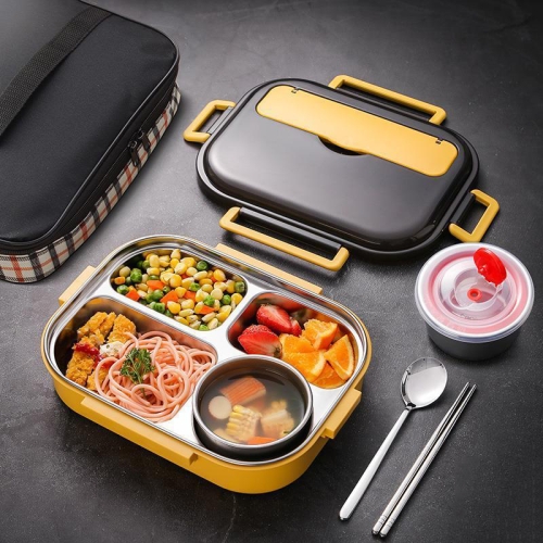 

304 Stainless Steel Double-Layer Large-Capacity Portable Lunch Box, Color: Lemon Yellow(Medium 4 Grid)