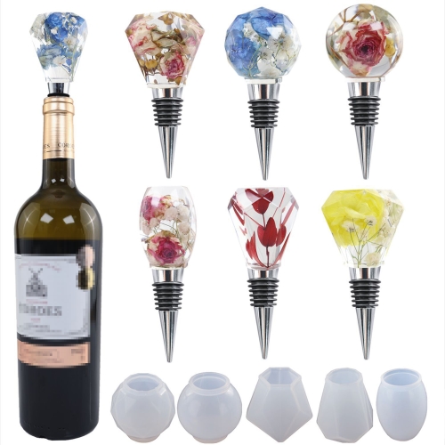 

DIY Crystal Epoxy Resin Red Wine Stopper Silicone Mold,Style: 5 Molds+5 Red Wine Plug