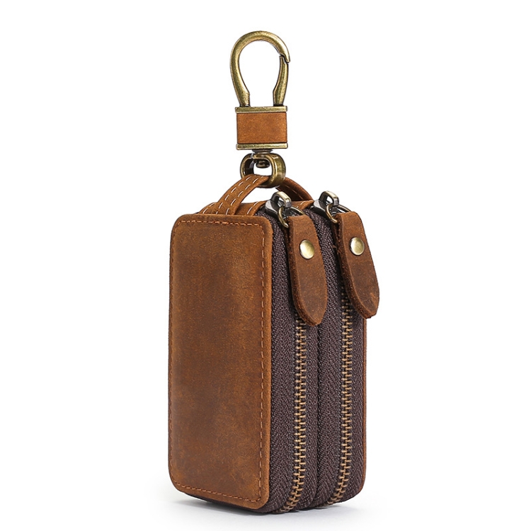 

TP-9032 First Layer Cowhide Multifunctional Double Zipper Car Key Case(Brown)