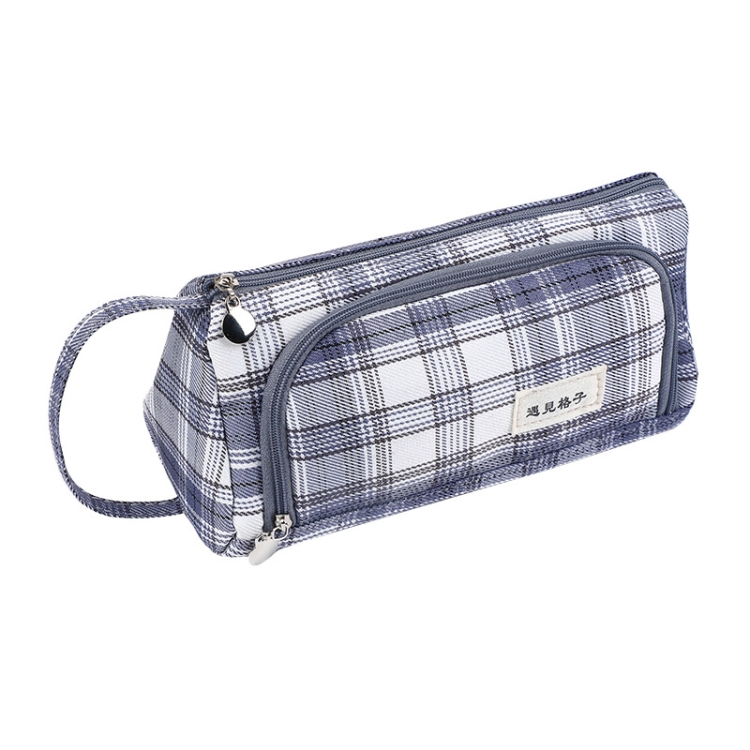 

Student Large Capacity Double Zipper Portable Canvas Stationery Bag(Gray Grid)