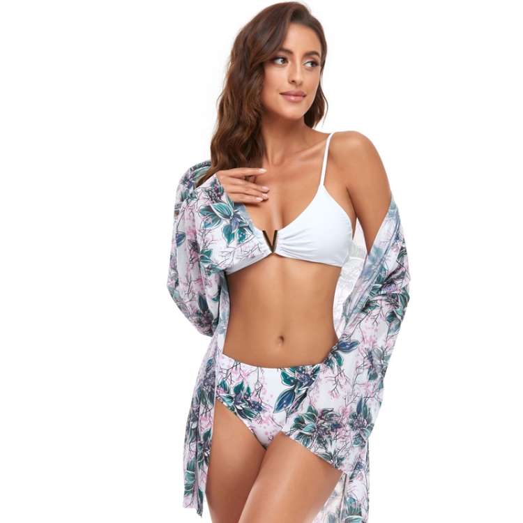 

Bikini + Mesh Shawl + Split Swimsuit Women Swimsuit With Chest Pad, Size: L(White Green Flowers)