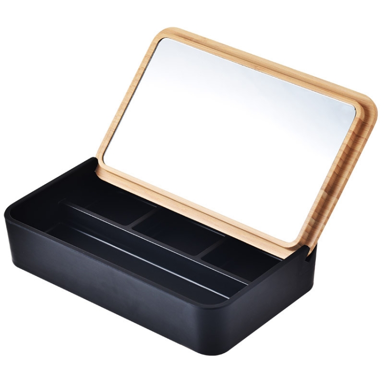 

Jewelry Storage Box Bamboo Lid Compartment With Mirror Cosmetic Box(Black)