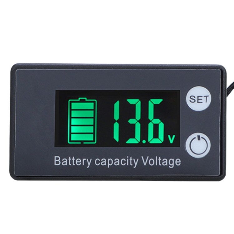 

Two-Line Digital Display DC Voltmeter Lead-Acid Lithium Battery Charge Meter, Color: Green+Temperature