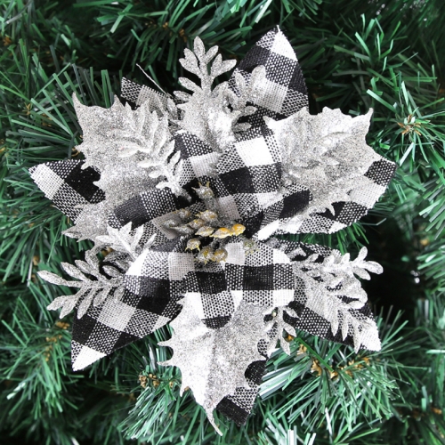 

5 PCS Gold Powder Plaid Christmas Flower Christmas Tree Decoration(Gray+Silver Leaf)