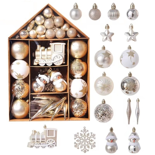 

70PCS/Set Painted Christmas Ball House Set Christmas Tree Ornament, Color: Gold White