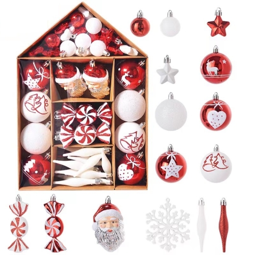 

70PCS/Set Painted Christmas Ball House Set Christmas Tree Ornament, Color: Red White
