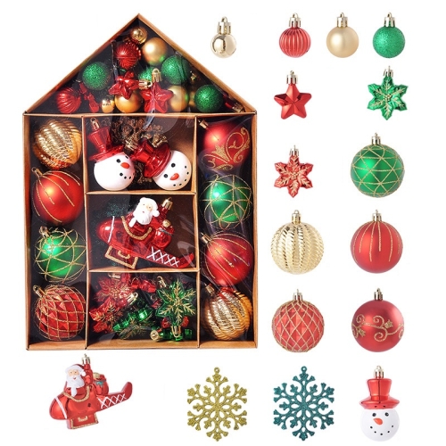 

70PCS/Set Painted Christmas Ball House Set Christmas Tree Ornament, Color: Red Green Gold
