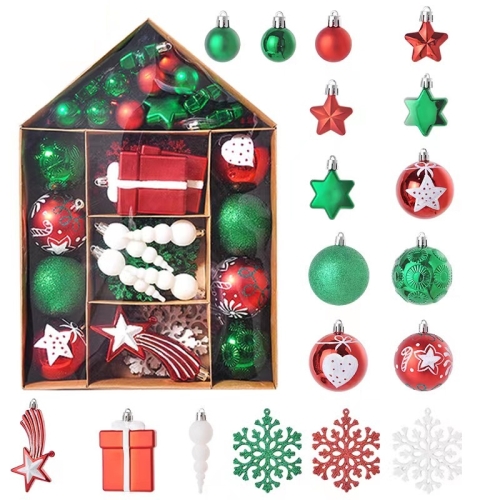 

70PCS/Set Painted Christmas Ball House Set Christmas Tree Ornament, Color: Red Green White